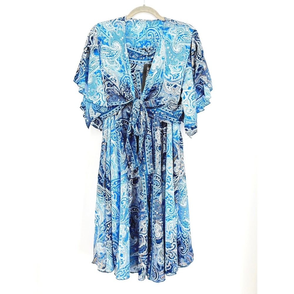 Boho Miami New Silk Blend Blue Paisley 2 pc Set Tie Top Wide Leg Cropped Pant OS